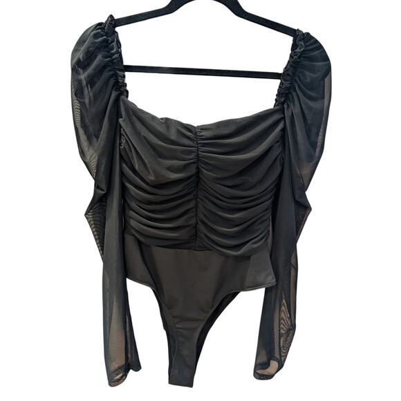 SHEIN Womens Black Mesh Ruched Bodysuit Sz M Off Shoulder Romantic Evening Wear - Picture 1 of 4